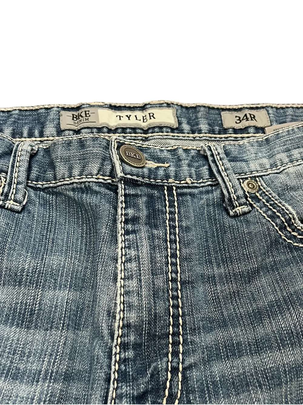 BKE Tyler Straight Leg Jeans 34R Light Wash Whiskered Distressed Y2K Denim